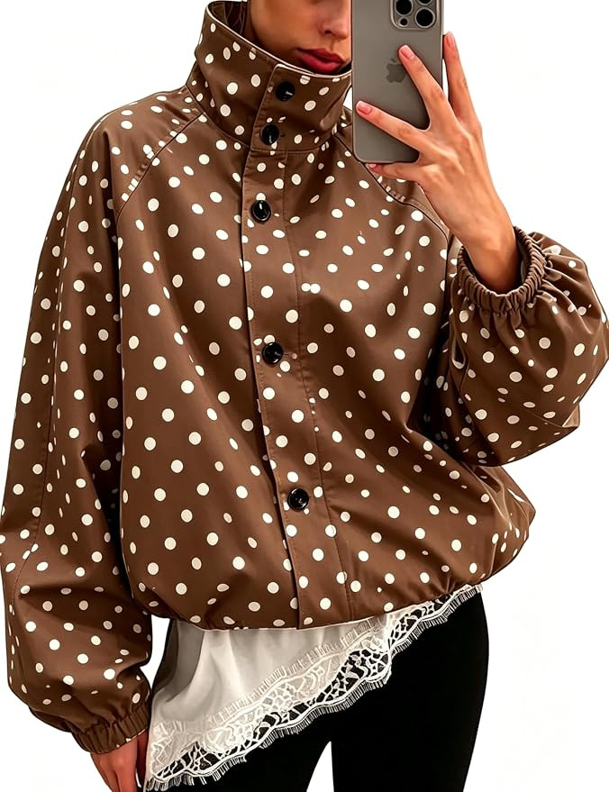 Women’s Funnel Neck Jacket Polka Dot Bubble Hem Casual Outwear | Lightweight oversized zipper w... | Amazon (US)