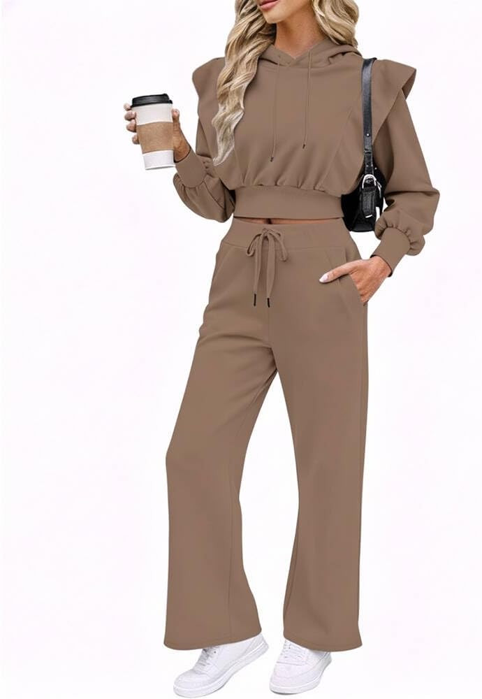 CHICME Womens 2 Piece Outfits Cropped Long Sleeve Hoodie and Wide Leg Sweatpants Set Fall Fashion... | Amazon (US)