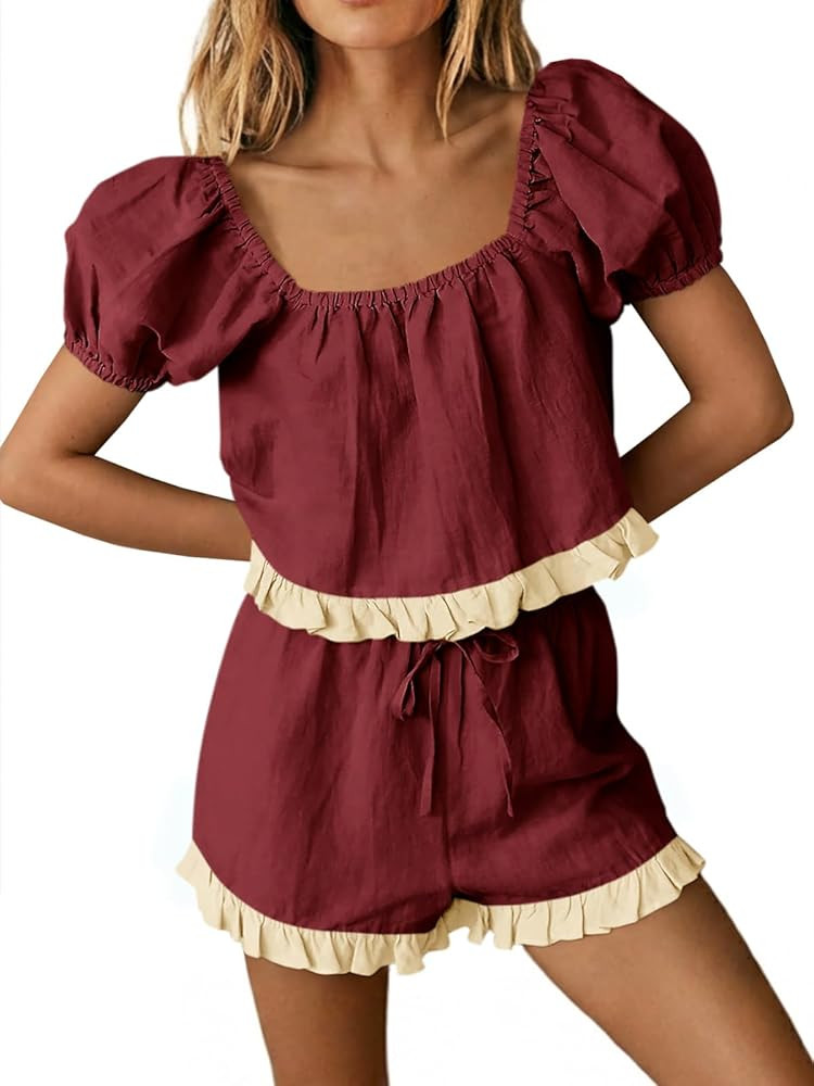 Tankaneo Womens Summer Short Sets Cute Puff Sleeve Square Neck 2 Piece Sets | Amazon (US)