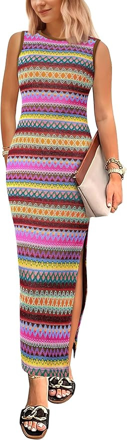 PRETTYGARDEN Womens Maxi Tank Spring Dress Sleeveless Crew Neck Striped Side Slit Casual Long Bod... | Amazon (US)