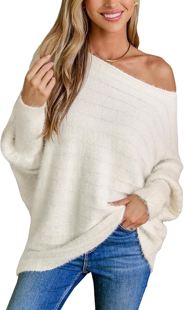 CUPSHE Womens One Shoulder Sweaters Puff Long Sleeve Soft Fuzzy Lightweight Pullover Sweater Tops | Amazon (US)