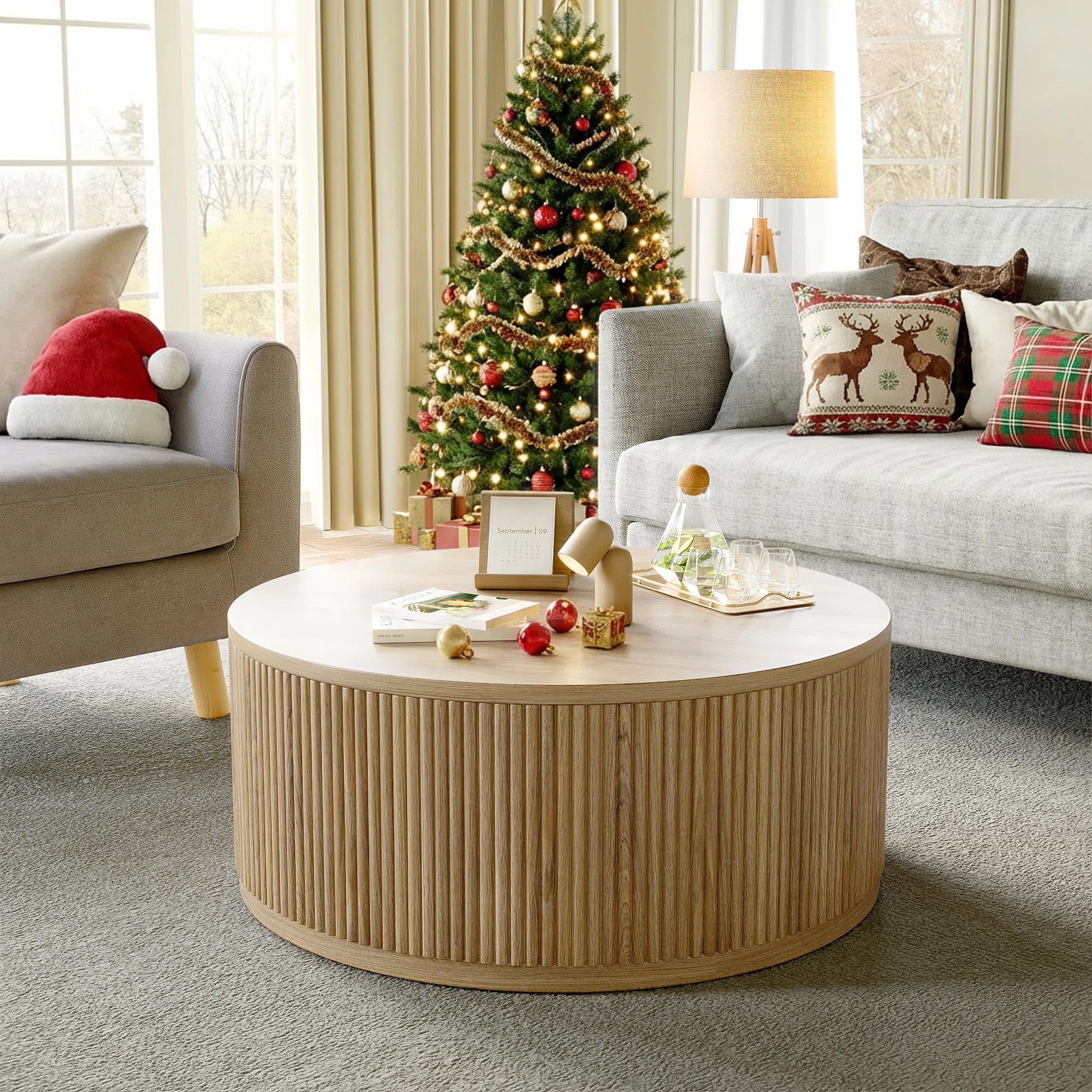 36.5"W Round Solid Wood Spacious Coffee Table Drum Table with Fluted Design | Wayfair North America