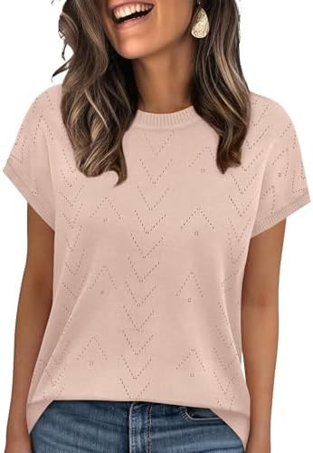 Sampeel Short Sleeve Sweaters for Women Crew Neck Summer Tops 2026 Trendy Beach Vacation Clothes ... | Amazon (US)