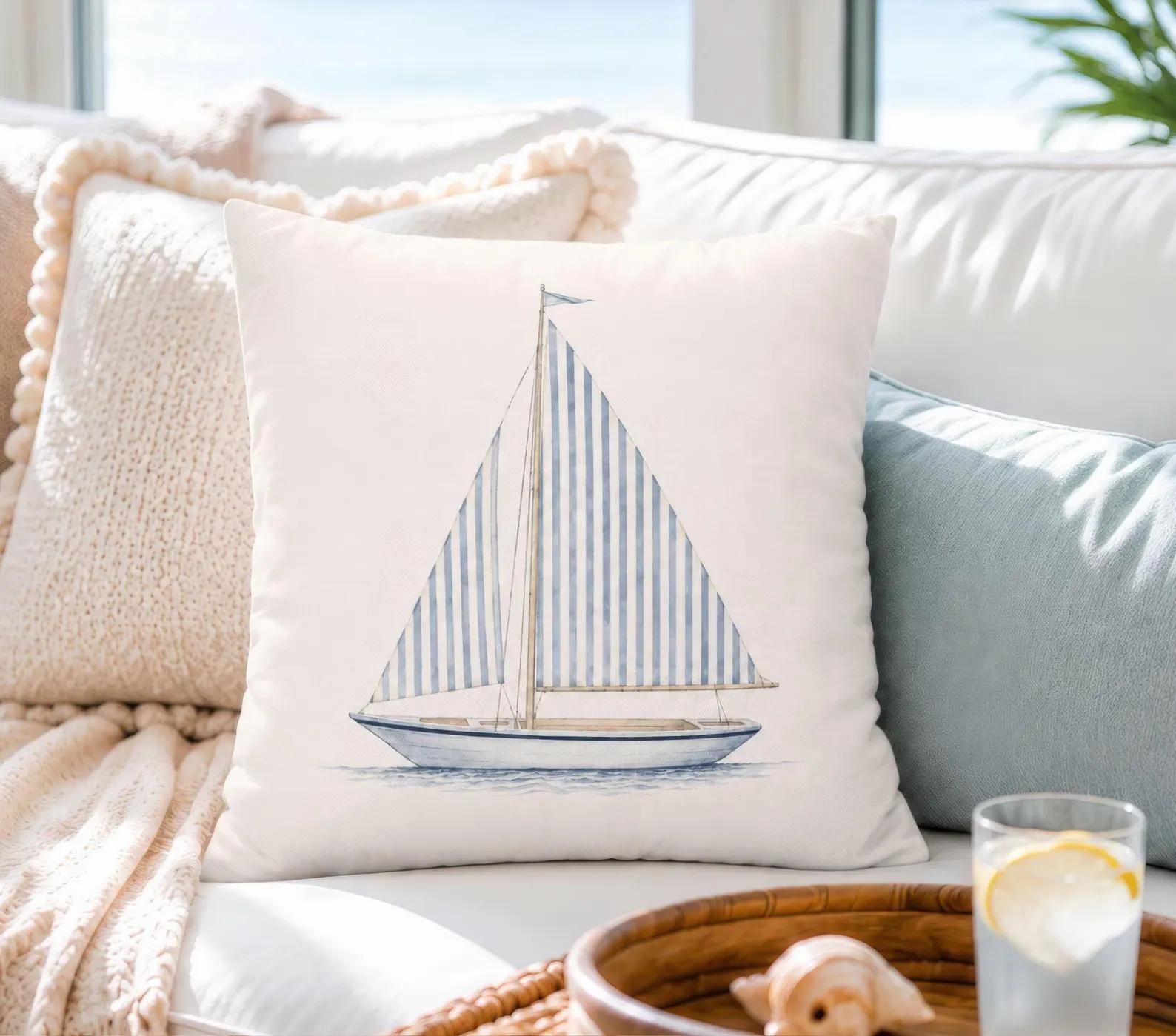 Striped Sailboat Pillow Cover, Nautical Throw Pillowcase, Coastal Cottage Sailing Home Decor, Bea... | Etsy (Global)