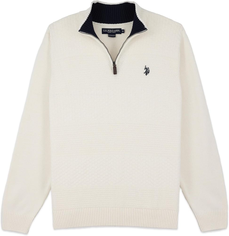 U.S. Polo Assn. Mens Solid Texture Chest Stripe 1/4 Zip Pullover Sweater | Amazon (US)