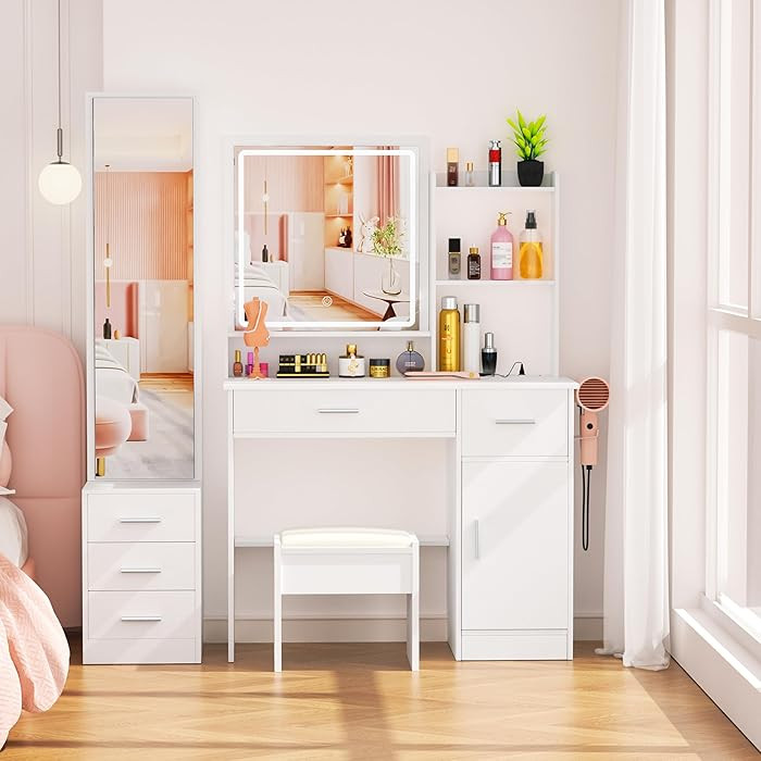 Greenvelly Vanity Desk with Mirrors and Lights,White Modern Vanity with Lighted Mirror and Chair,... | Amazon (US)