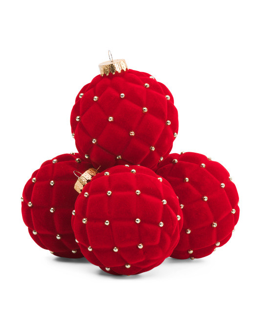 Set Of 4 4in Flocked Glass Ornaments | TJ Maxx