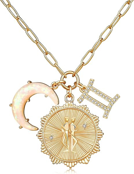 Gold Zodiac Sign Coin Necklace with Opal Crescent Moon Charm for Women Trendy, Dainty Gold Paperc... | Amazon (US)