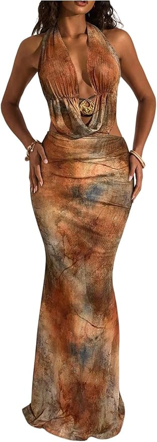 WDIRARA Women's Draped Halter Bodycon Dress Tie Dye Sleeveless Tie Backless Fishtail Maxi Dresses | Amazon (US)