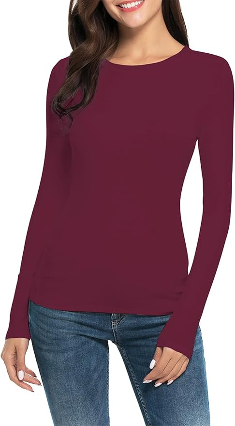Women Long Sleeve Crew Neck/Scoop V Neck Rayon Slim Fit Stretchy Layer T Shirts Tops | Amazon (US)
