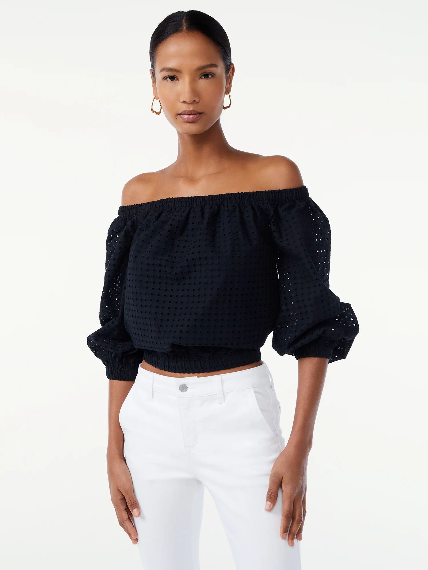 Scoop Women's Off the Shoulder Top with Blouson Sleeves | Walmart (US)