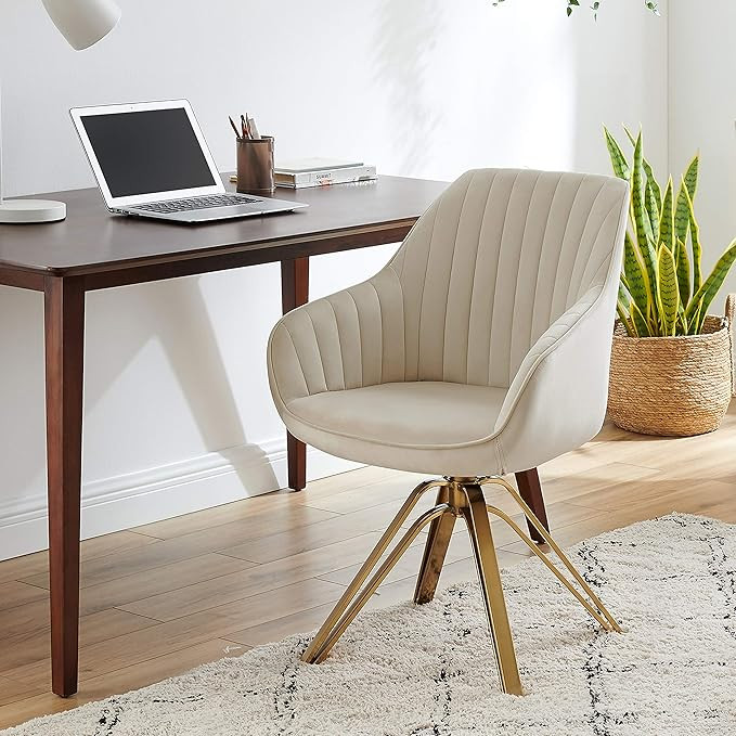 Volans Mid Century Modern Swivel Accent Desk Chair with Hollow Brushed Gold Plated Leg, Off White | Amazon (US)
