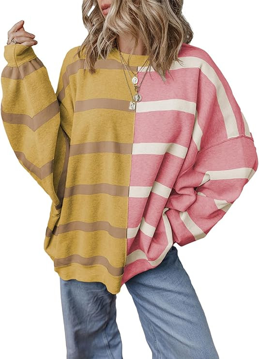 EVALESS Womens Striped Sweaters Long Sleeve Cable Knitted Color Block Casual Loose Lightweight Ov... | Amazon (US)