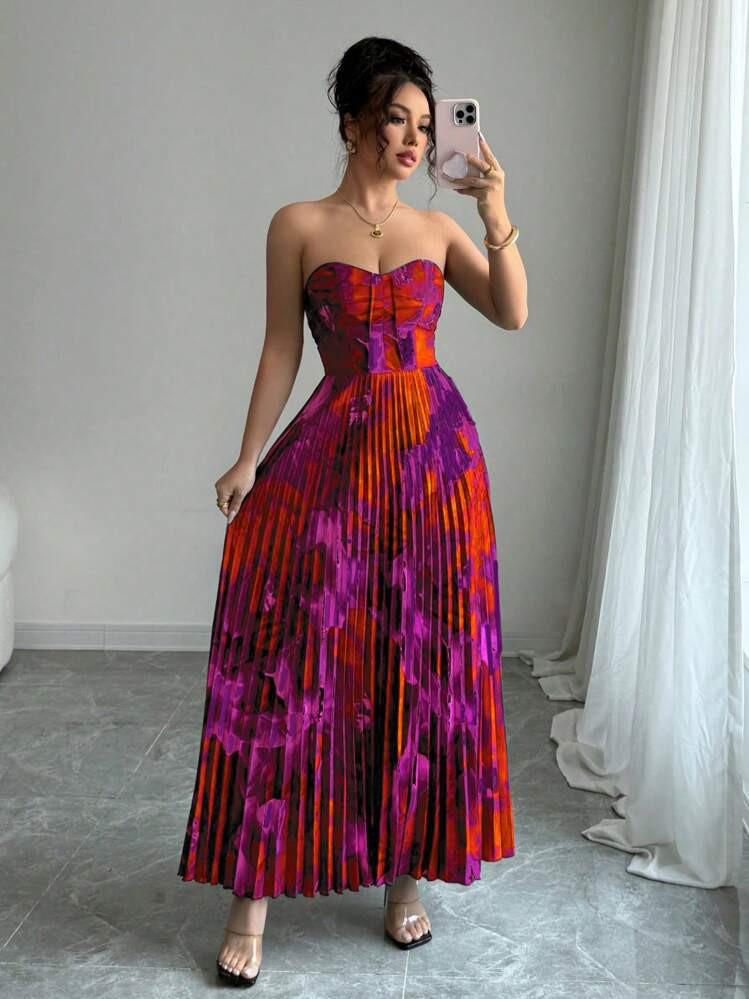 Elenzga Bandeau Waist-Cinched Pleated Full Print Dress | SHEIN