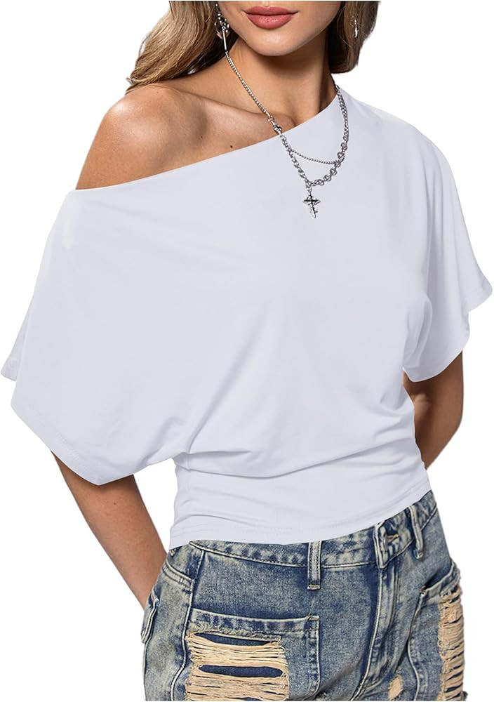 Cinched Waist, Short Sleeve, One Shoulder Tops, 2000s Clothes, Summer Fashion Tops | Amazon (US)
