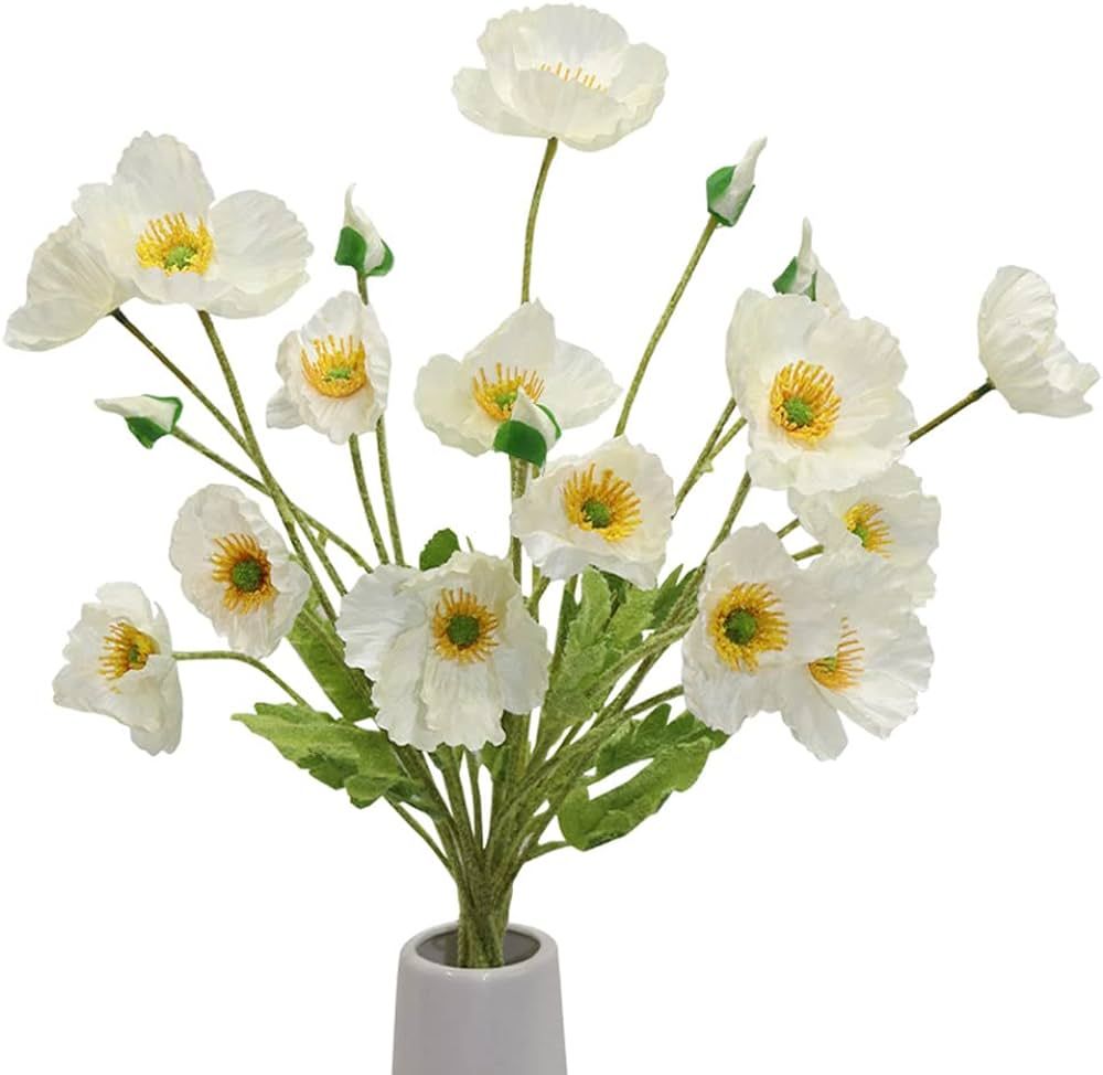 5Pcs Artificial Poppy Flowers Silk Poppies with Stems Faux Flower for Home Decor Vase Bouquet Table Centerpiece, Fake Floral Arrangement for Wedding Party Decorations - White | Amazon (US)