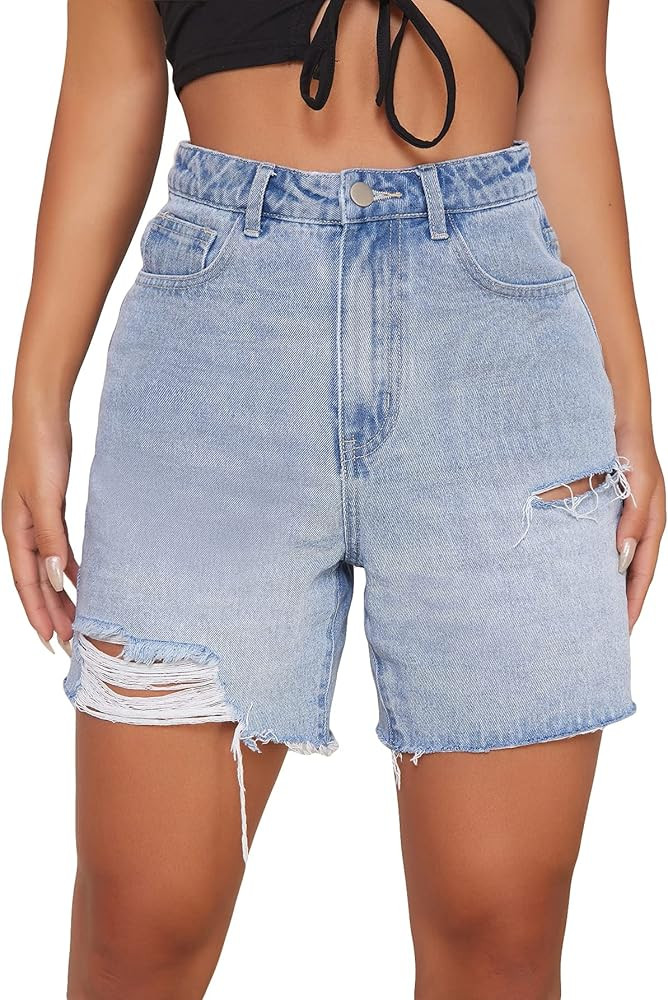 SweatyRocks Women's High Waist Ripped Denim Shorts Straight Leg Frayed Raw Hem Summer Hot Pants J... | Amazon (US)