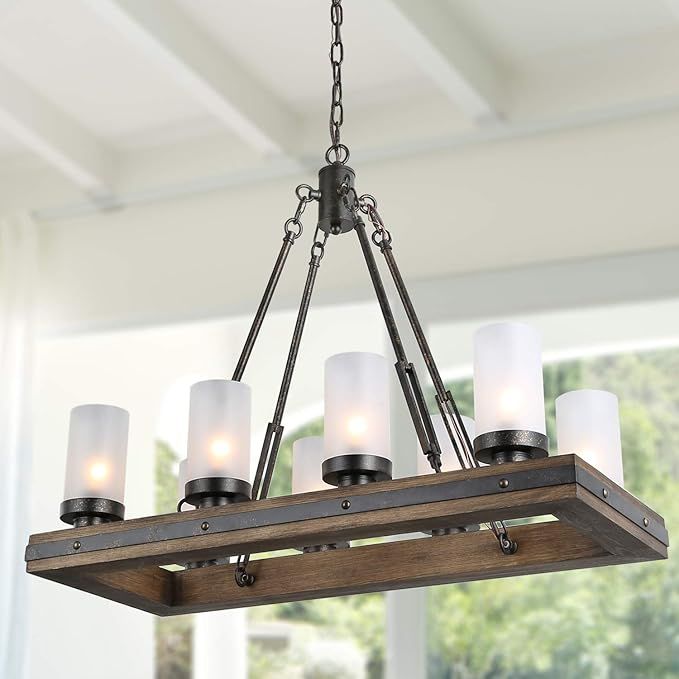 LNC Farmhouse Wood Chandelier Kitchen Island Light Fixture with Frosted Glass Shade for Dining & ... | Amazon (US)