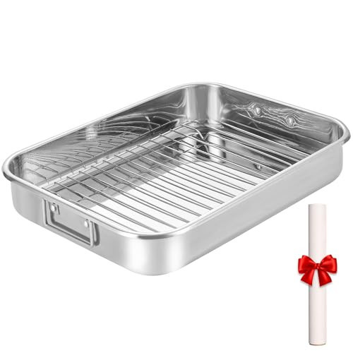 Stainless Steel Roaster with Flat Rack & Parchment Paper, 16.2 x 12.2 x 3 inches - Ideal Roasting Pan for Whole Turkey, Roasts, or Multiple Sides | Amazon (US)