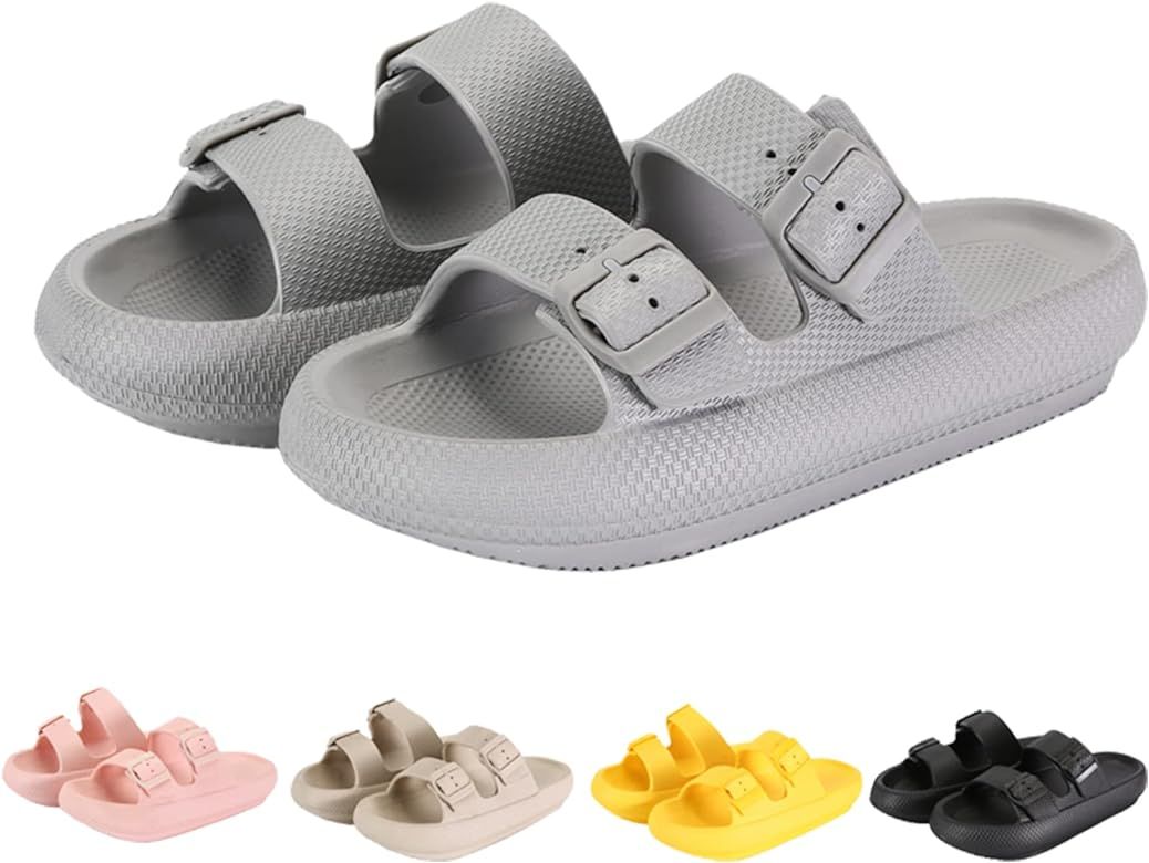 Pillow Slipper for Women Men Cloud Slides Comfort Flat Sandals with Adjustable Double Buckle Thick S | Amazon (US)