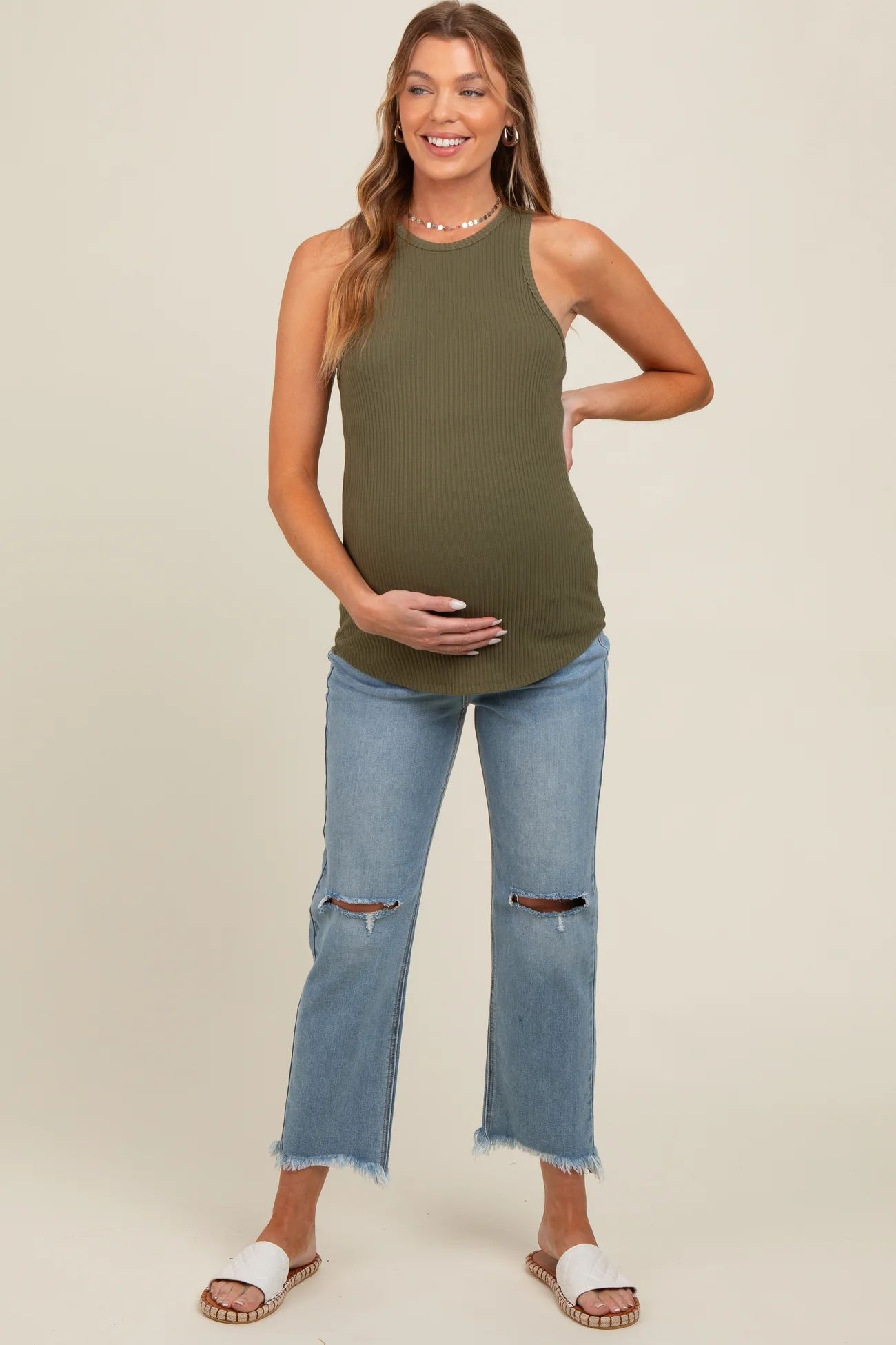 Light Blue Open Knee Fringe Hem Straight Leg Maternity Jeans | PinkBlush Maternity