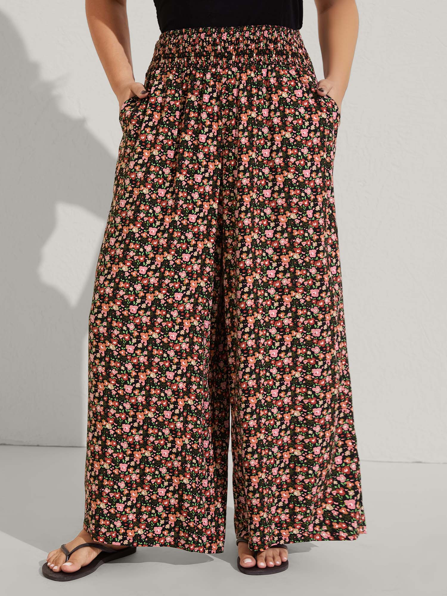 Shirred Waist Ditsy Floral Wide-Leg Pants | Bloomchic