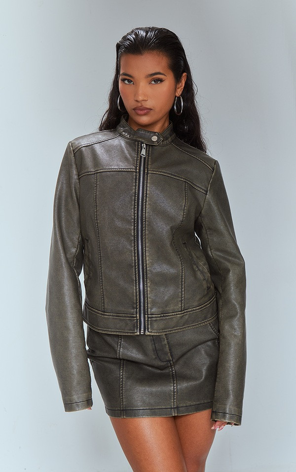 Premium Brown Washed Faux Leather Oversized Seam Detail Jacket | PrettyLittleThing US