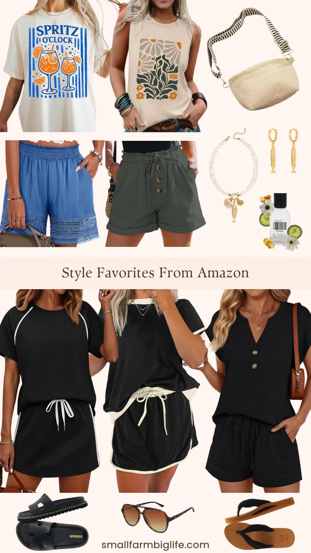 Amazon summer style favorites are here and there is a little bit of everything in this roundup! I am loving the lace trim linen ruffle shorts, the drawstring high waist cotton shorts, and the colorblock skirt and skort lounge sets for easy warm weather dressing. The Spritz O'Clock graphic tee is such a fun coastal vacation pick, and the gold fish necklace, blue bead necklace, and fish charm hoop earrings add the perfect summer touch. I am also obsessed with the woven crossbody bag, tortoiseshell polarized aviator sunglasses, and the DedCool Xtra Milk perfume. Rounding it all out are the faux leather slide sandals and the arch support flip flops that are perfect for beach days and everyday walking. Shop it all right here on my LTK. 

 #LTKootd #LTKSeasonal #LTKOver40