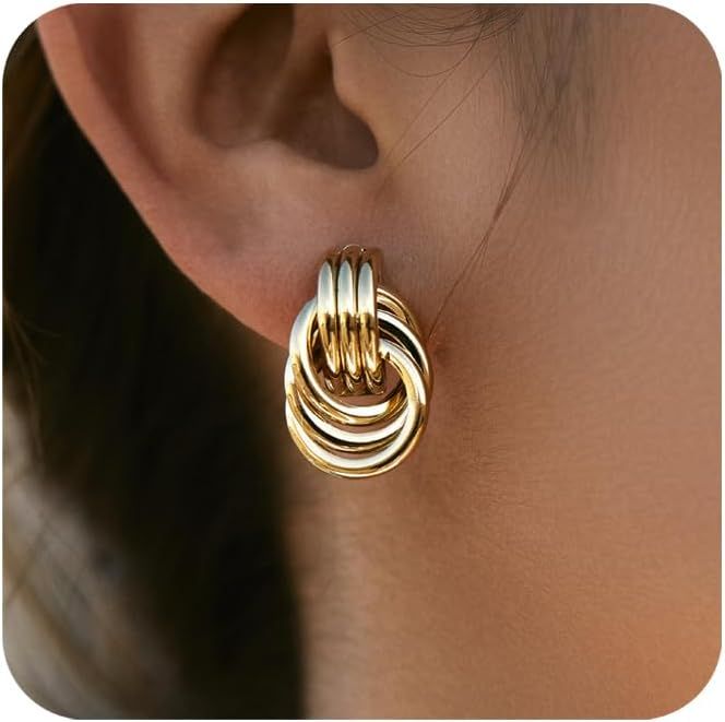 14K Gold Plated Chunky Gold Earrings for Women Knot Link Circle Geometric Drop Dangle Earrings St... | Amazon (US)