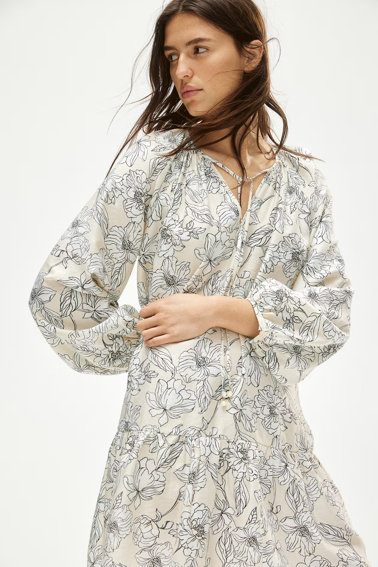 Jurk met strikbandjes - Ronde hals - Lange mouwen - Dusty blauw/dessin - DAMES | H&M NL | H&M (DE, AT, CH, NL, FI)