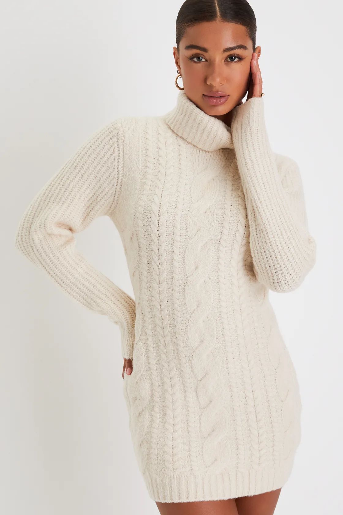 Cozy Vision Ivory Cable Knit Turtleneck Mini Sweater Dress | Lulus (US)