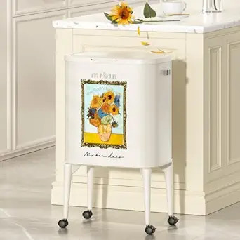 MRBIN Metal Kitchen Trash Can with Wheel Legs, 36L / 9.5gal Medium Press Lid Slim Waste Basket, P... | Amazon (US)