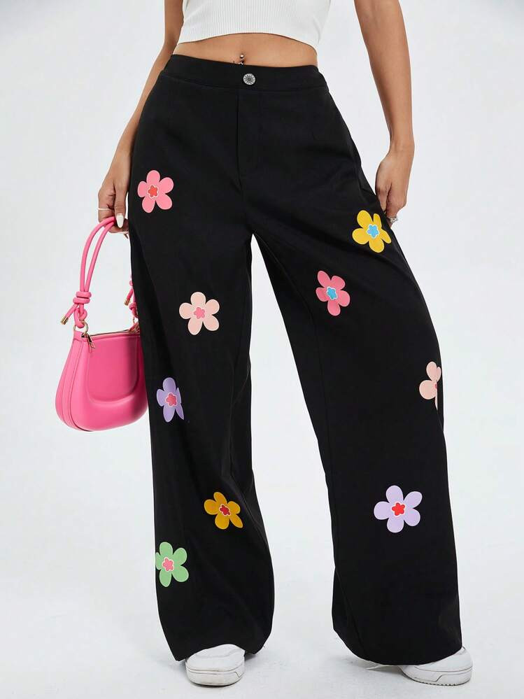 SHEIN MOD Y2k Black Fabric Flower Printed Baggy Pants | SHEIN