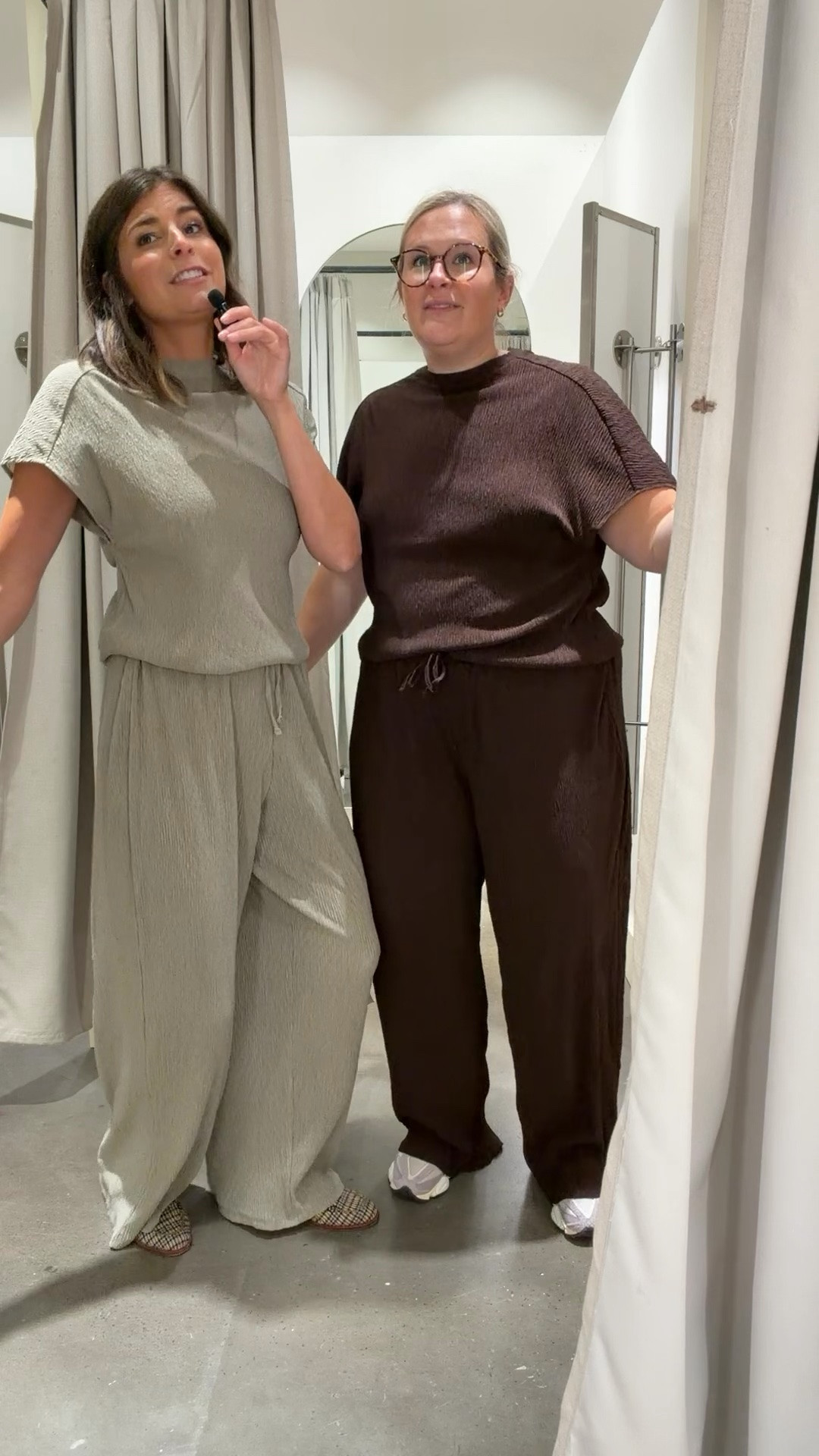 Outfit 1 
Size down in skirt 
Top runs TTS 
Outfit 2 
Could size down 
Very comfortable/ if want slightly oversized get TTS 
Outfit 3 
Top - size down 
Bottoms - size up