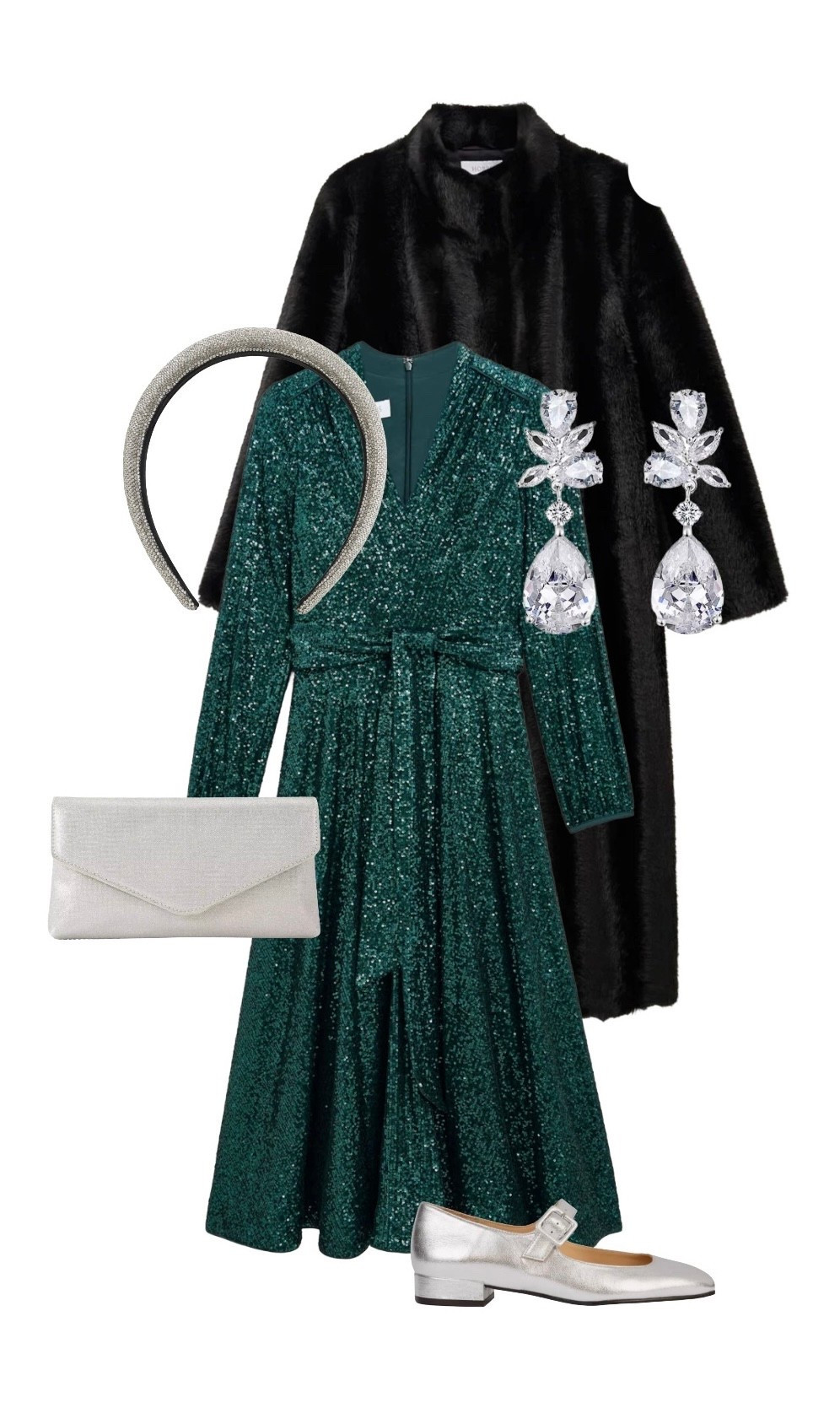 An outfit worthy of a classic Hollywood movie star! Hobbs always have perfect partywear dresses and this AW25 green sequin midi fits the brief. Partner with their long black fur coat and silver headband, silver Mary Janes by Penelope Chilvers, statement earrings by - at Wolf and Badger and a simple silver clutch bag by Kurt Geiger. #LTKChristmas #Christmaspartyoutfit

#LTKfestive #LTKpartywear #LTKeurope