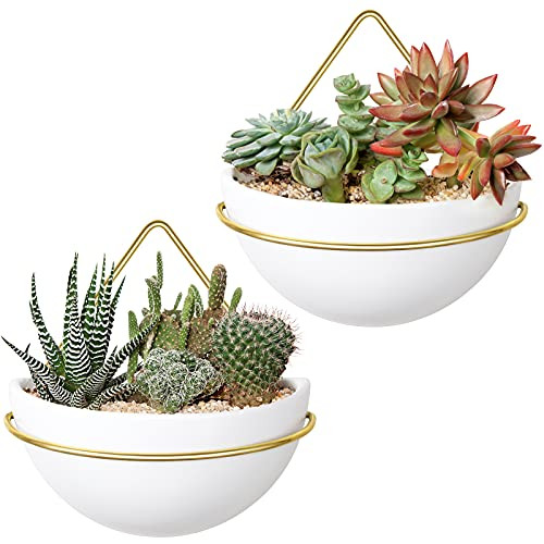 Mkono Ceramic Wall Planter Set of 2 Hanging Planter with Metal Geometric Plant Hanger, Modern Wall Mounted Plant Pot for Succulent Air Plant Cactus Indoor Home Office Decor Gift Idea, Gold | Amazon (US)