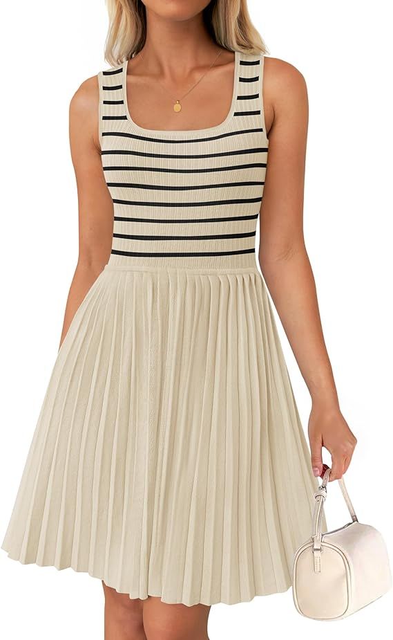 ZESICA Women's Summer Sleeveless Mini Dress 2024 Square Neck Striped Knit A Line Pleated Tank Dre... | Amazon (US)