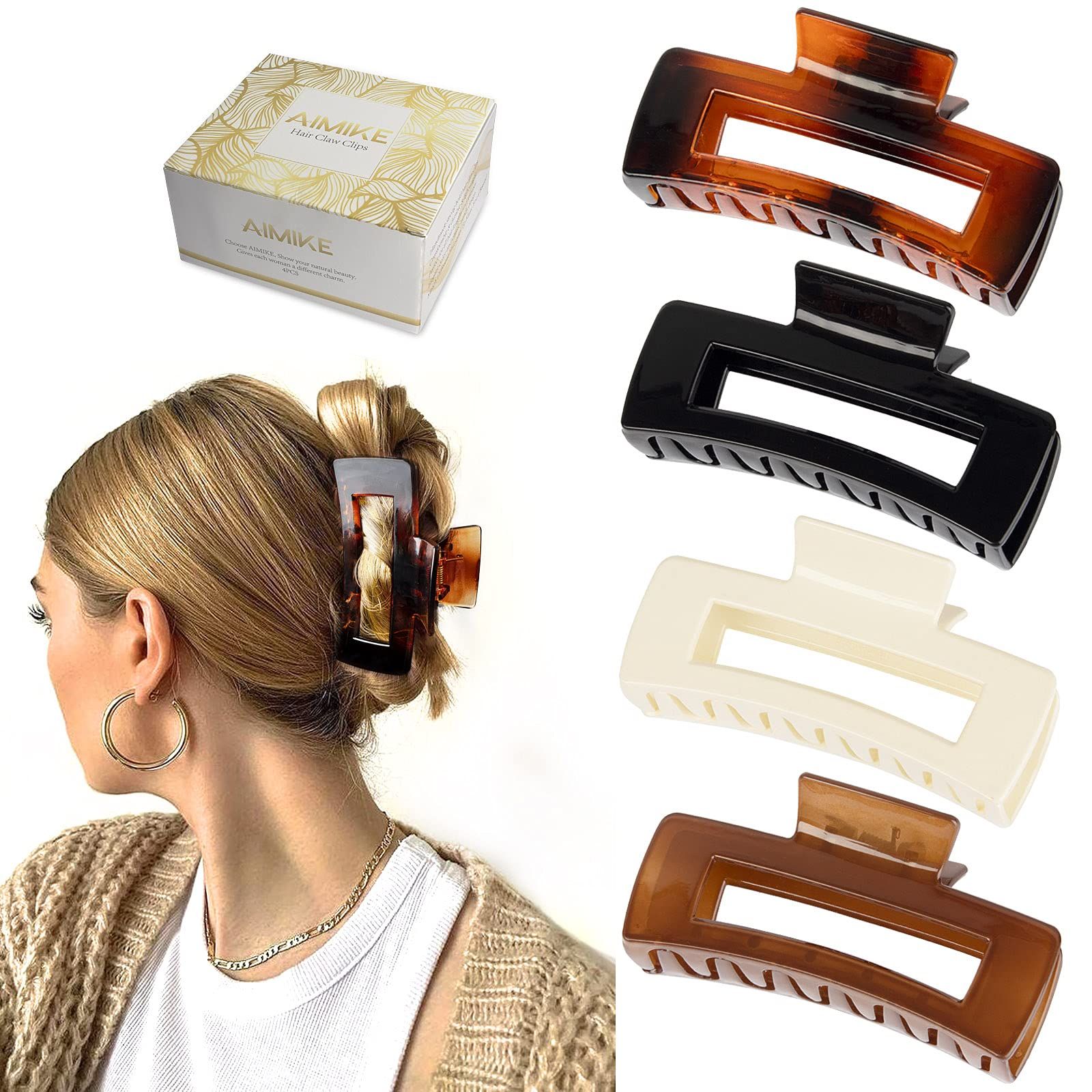AIMIKE Large Hair Claw Clips 4.1 Inch, Acrylic Claw Hair Clips for Thick Hair, Strong Hold Rectangul | Amazon (US)