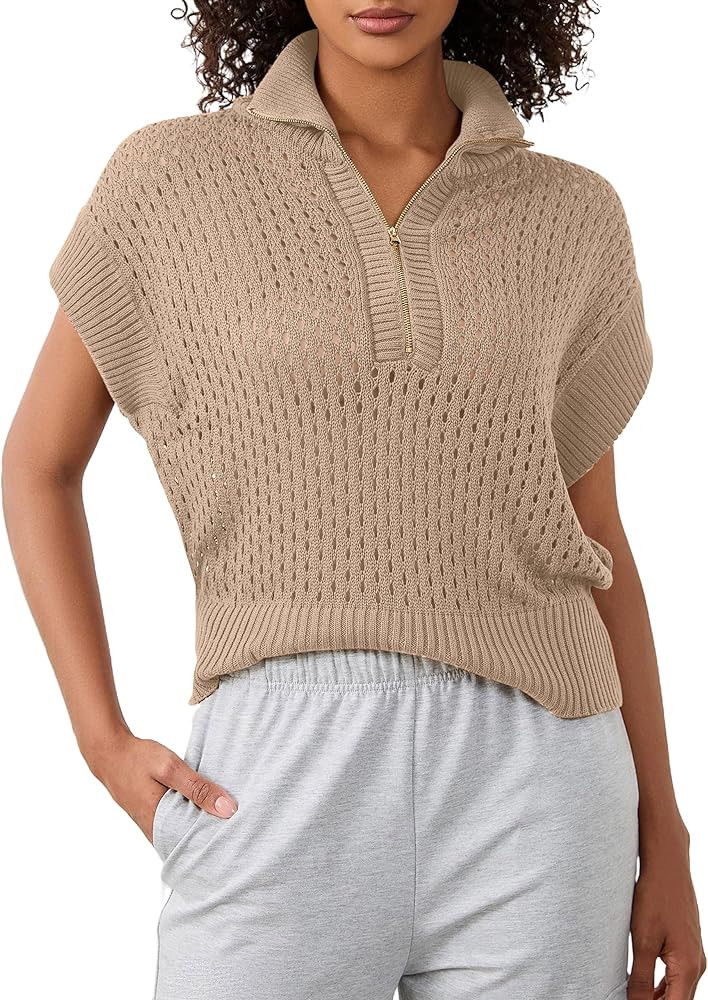 Womens Spring Cap Sleeve Crochet Sweaters Loose Fit Quarter Zip Lightweight Hollow Out Beach Vaca... | Amazon (US)