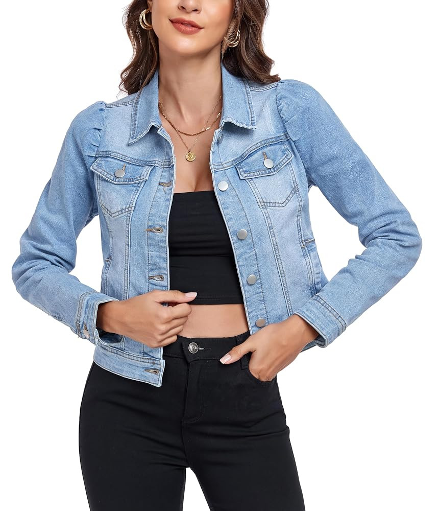 Anienaya Women's Jean Jacket Cropped Denim Jackets Stretchy Puff Long Sleeve Ripped with Pockets | Amazon (US)
