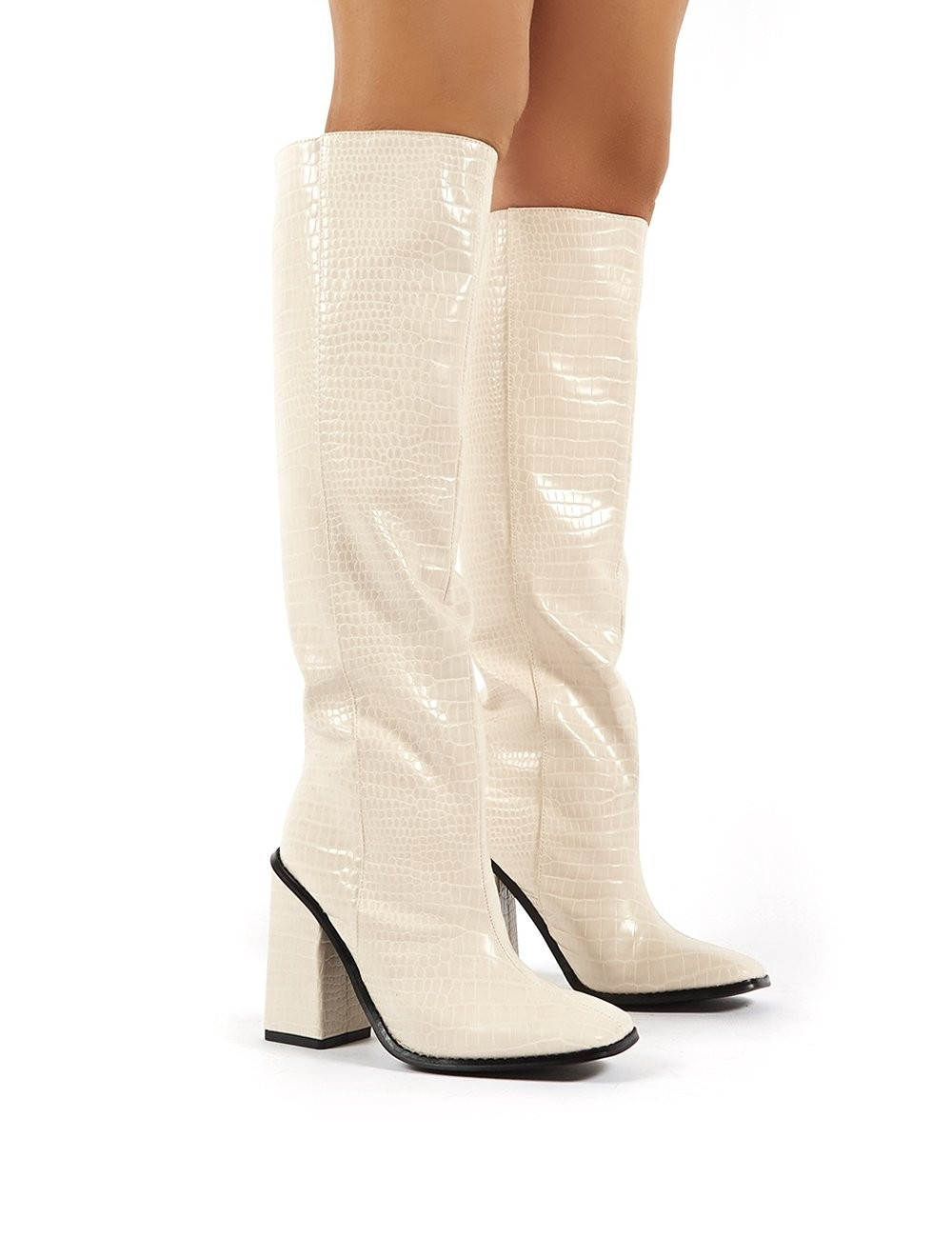 Zina Beige Croc Square Toe Block Heeled Knee High Boots | Public Desire
