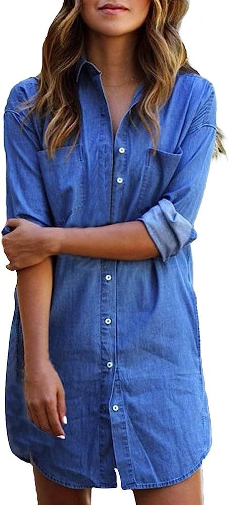 Kidsform Women's Long Sleeve Blouse Dress Denim Shirt Dresses Button Down Chambray Cotton Tops with  | Amazon (US)