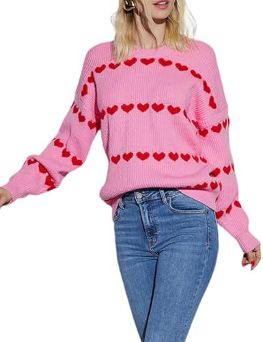 Arssm Womens Heart Sweater Valentine Crewneck Long Sleeve Pullover 2026 Cute Knit Tops(Pink-Small) | Amazon (US)