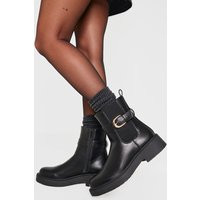 Black Round Toe Gold Buckle Chelsea Boots, Black | PrettyLittleThing UK