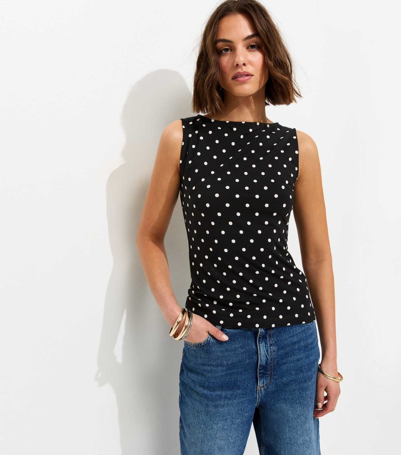 Black Cotton Rich Polka Dot Slash Neck Sleeveless Top | New Look | New Look (UK)