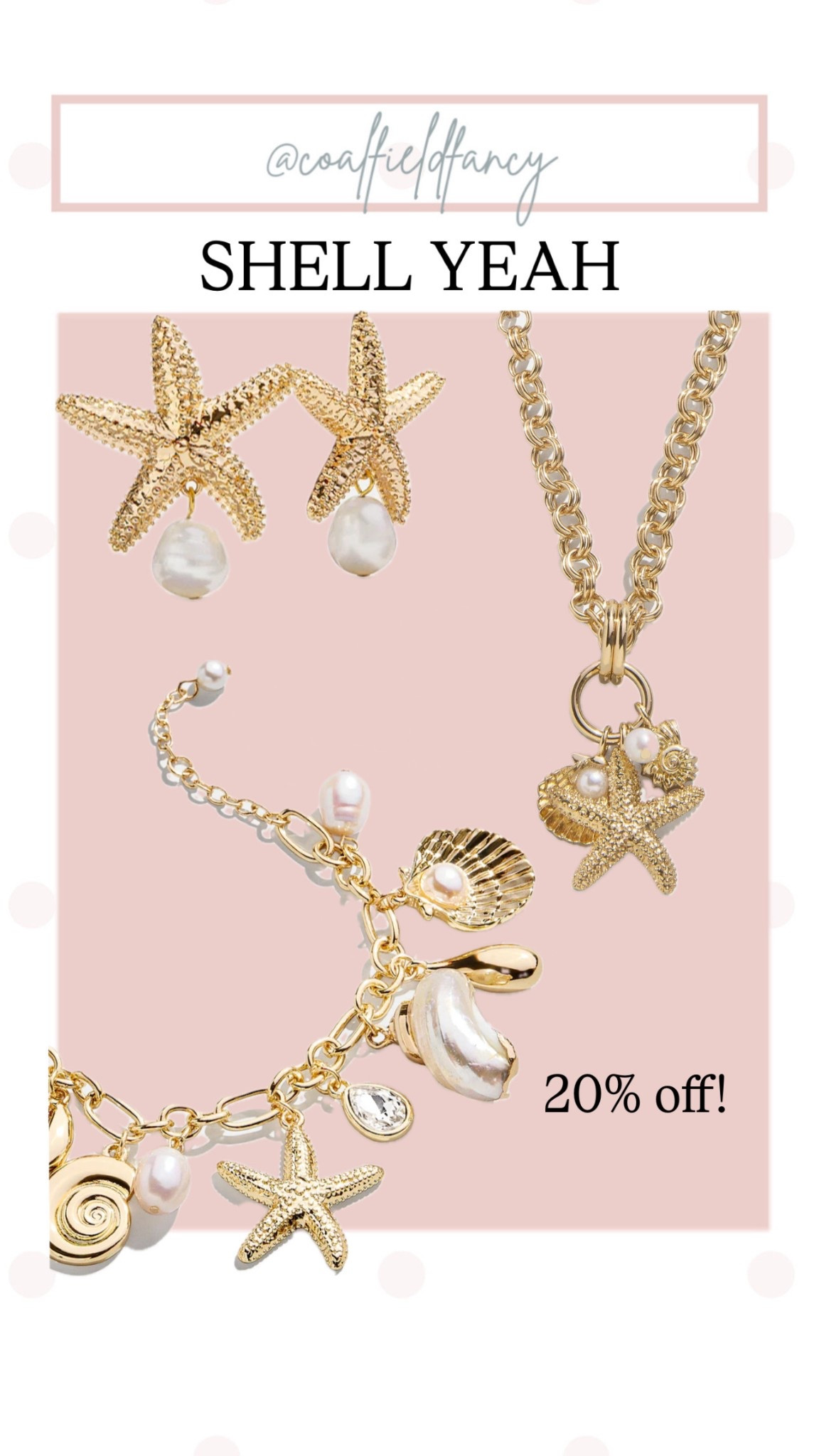 Shell jewelry 
Shell necklace
Shell charm bracelet
Starfish earrings

#LTKFindsUnder50 #LTKSaleAlert