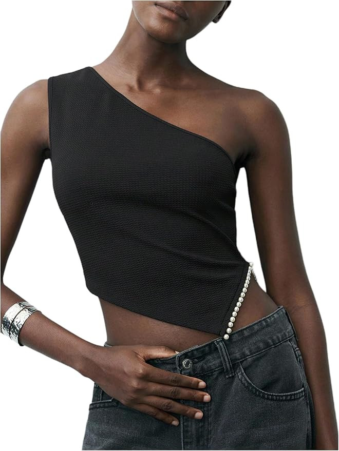 Milumia Women's One Shoulder Tank Tops Pearl Beaded Asymmetrical Hem Tops | Amazon (US)