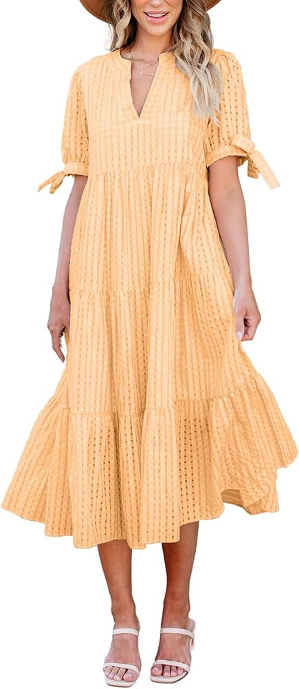 Theenkoln Womens Casual Midi Dress: Short Sleeve V-Neck Empire Waist Gingham Spring Fashion Long ... | Amazon (US)