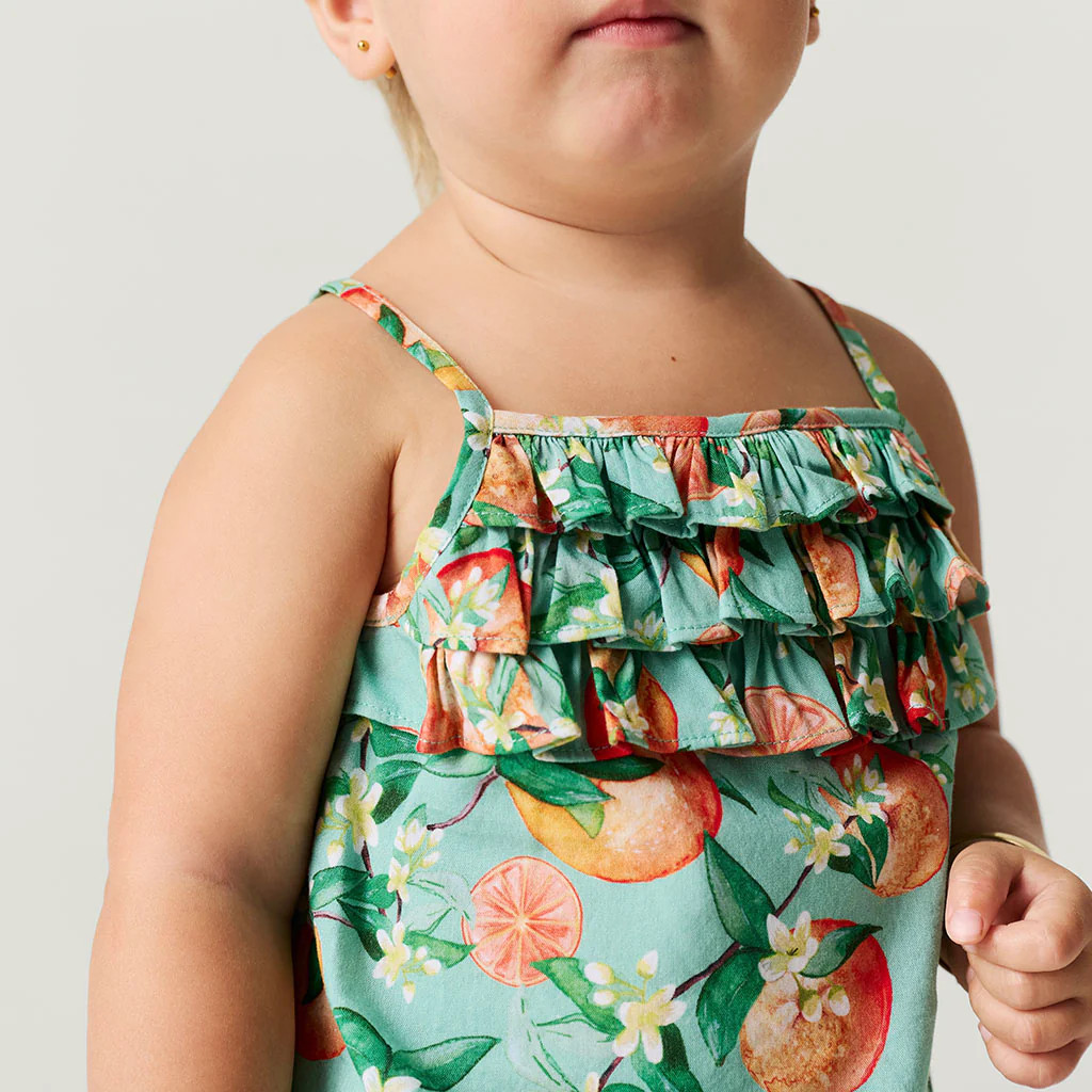 Citrus Green Daywear Arancia Challis Bubble Romper | Posh Peanut® | Posh Peanut