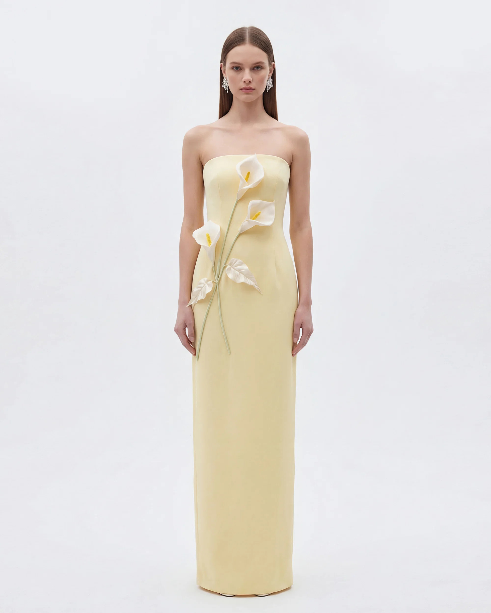 Floral Appliqué Strapless Dress - Yellow | JW PEI US